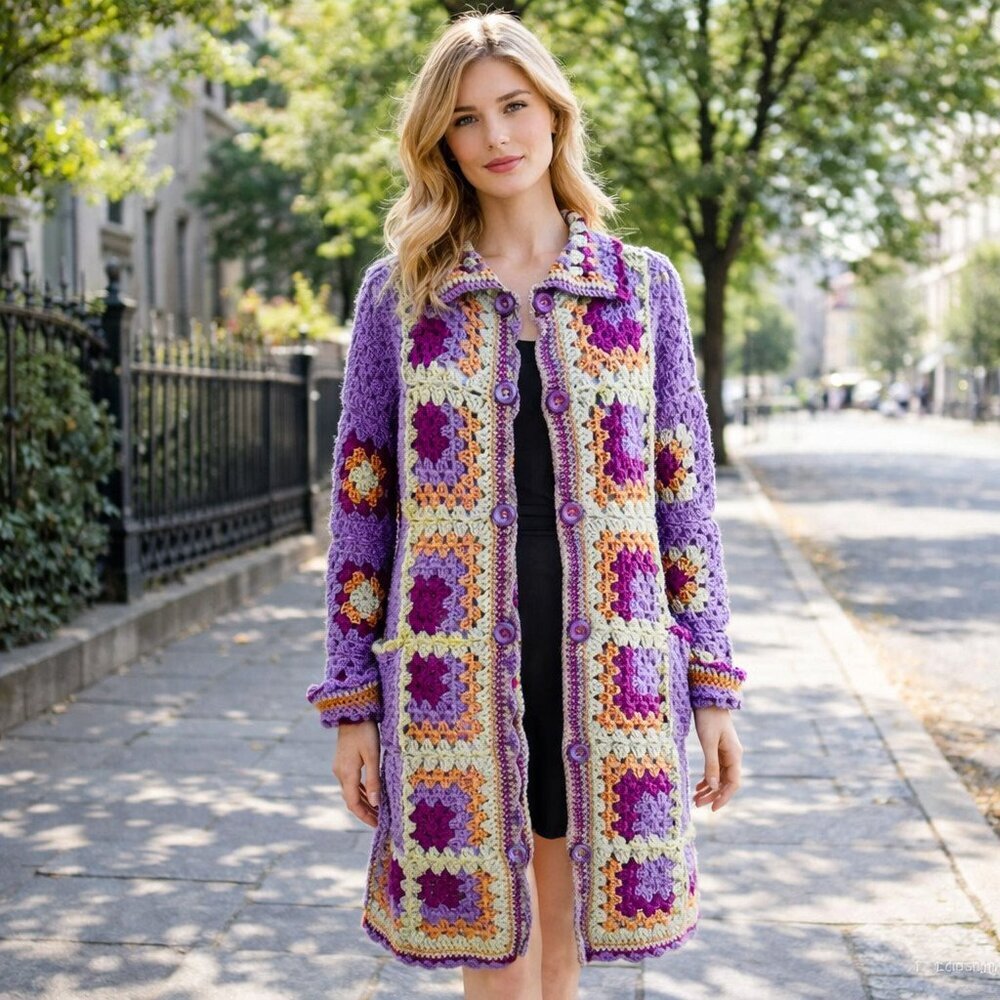 Handmade Lilac Colourful Granny Squares Crochet Long Cardigan L